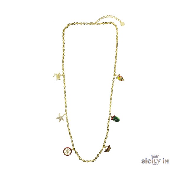 COLLANA LUNGA IN METALLO ANALLERGICO CON 6 CHARMS - CL127G
